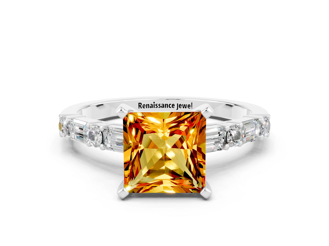 White gold Princess Cut Citrine Solitaire with Side Baguettes and Channel Set Band