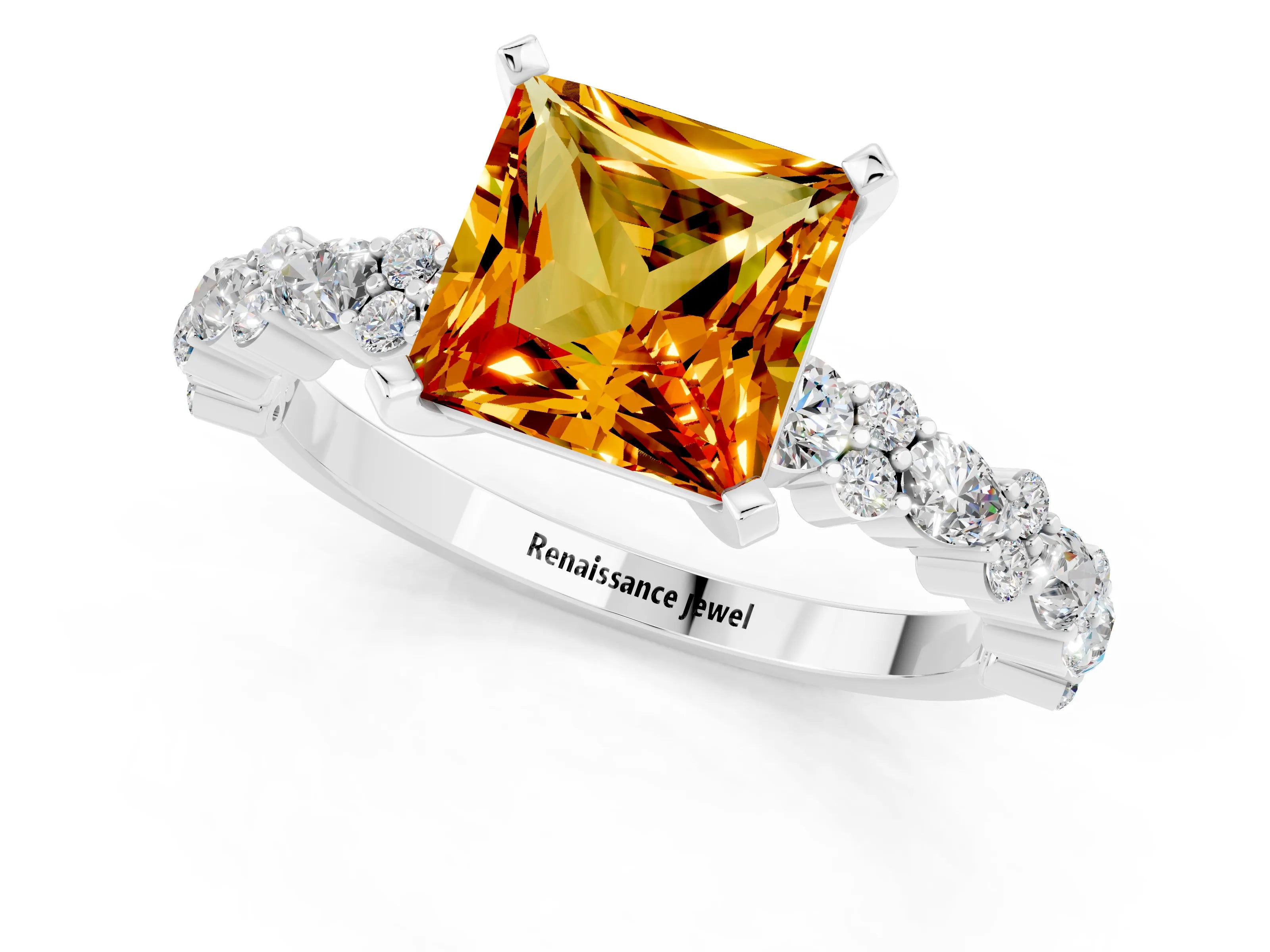 White gold Princess Cut Citrine Solitaire with Side Stones, Pave Band, Four-Prong Setting_37