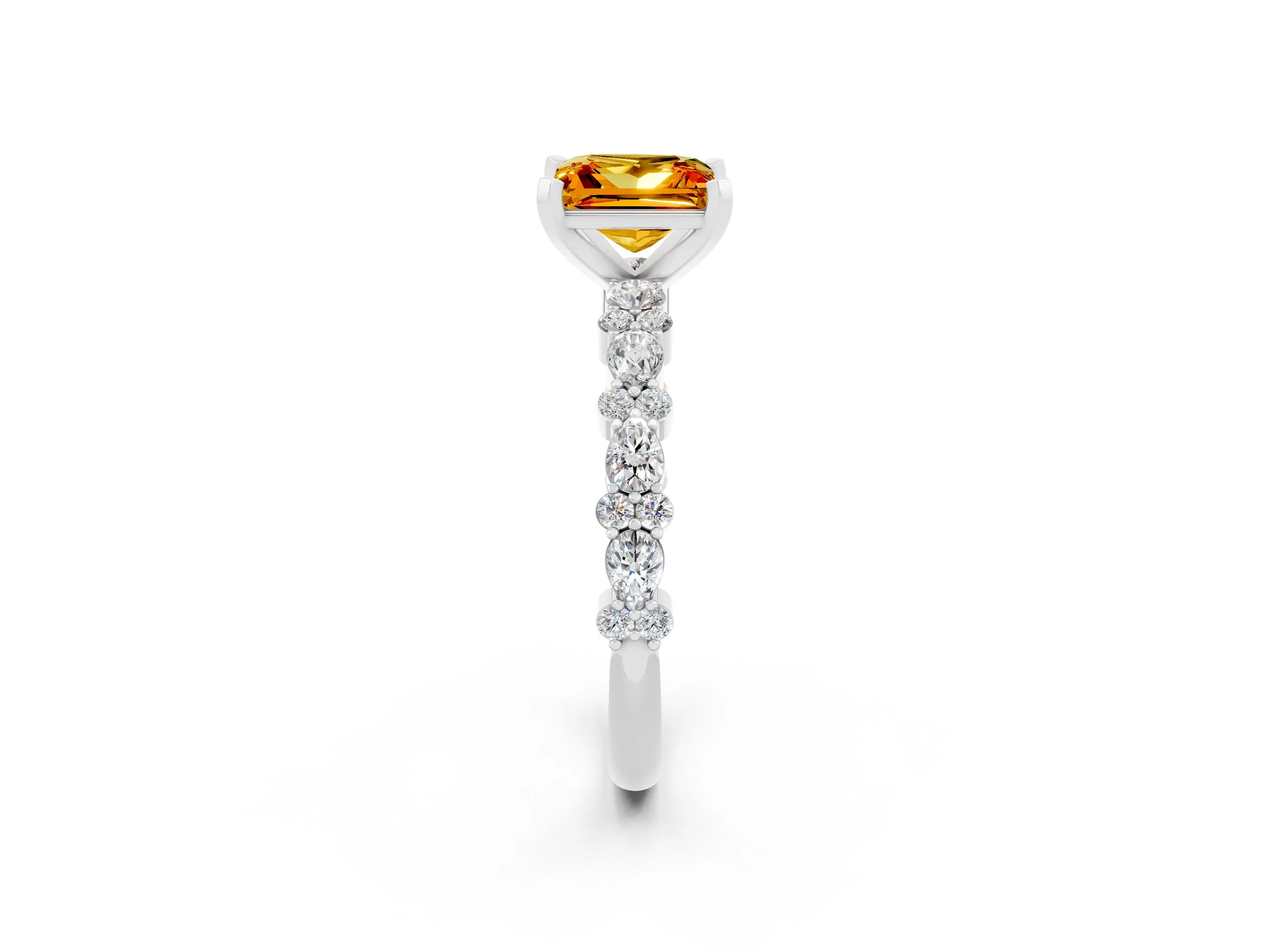 White gold Princess Cut Citrine Solitaire with Side Stones, Pave Band, Four-Prong Setting_38
