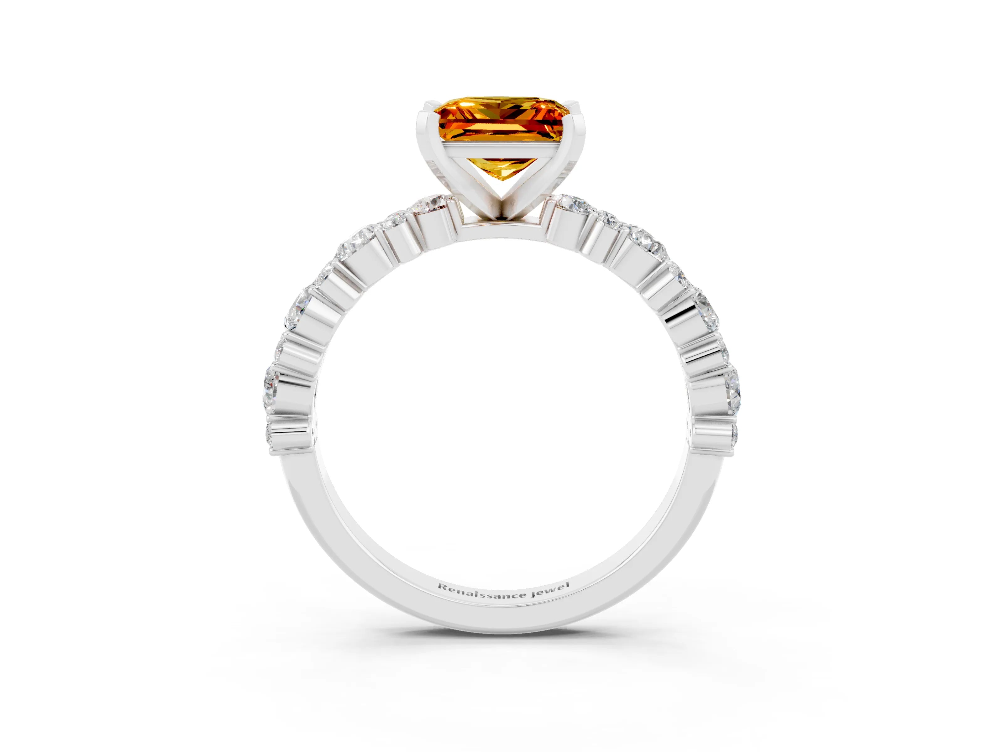 White gold Princess Cut Citrine Solitaire with Side Stones, Pave Band, Four-Prong Setting_39