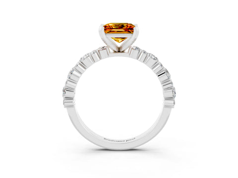 White gold Princess Cut Citrine Solitaire with Side Stones, Pave Band, Four-Prong Setting_39
