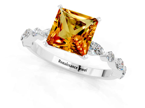 White gold Princess Cut Citrine Solitaire with Side Stones on a Pavé Band and Four-Prong Setting_1