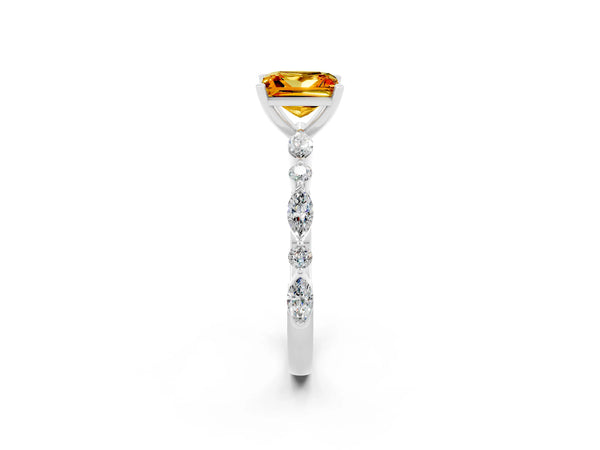Silver Princess Cut Citrine Ring with Marquise and Round  Side Stones and Four-Prong Setting