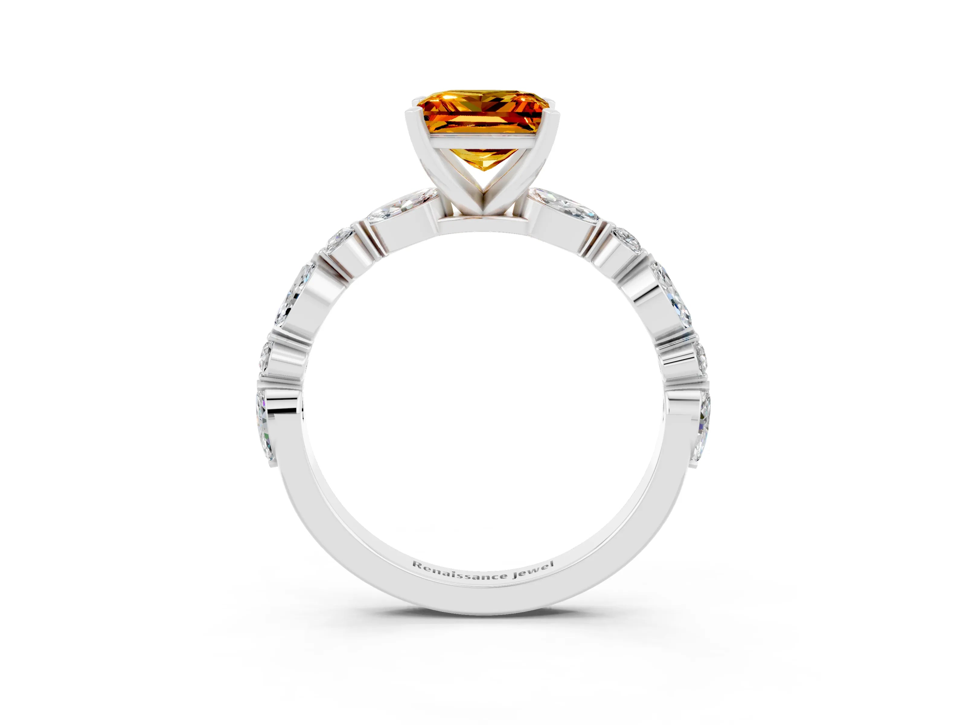 White gold Princess Cut Citrine Solitaire with Side Stones on a Pavé Band and Four-Prong Setting_3