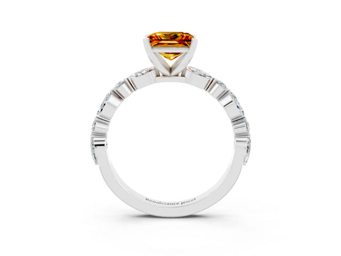 White gold Princess Cut Citrine Solitaire with Side Stones on a Pavé Band and Four-Prong Setting_3