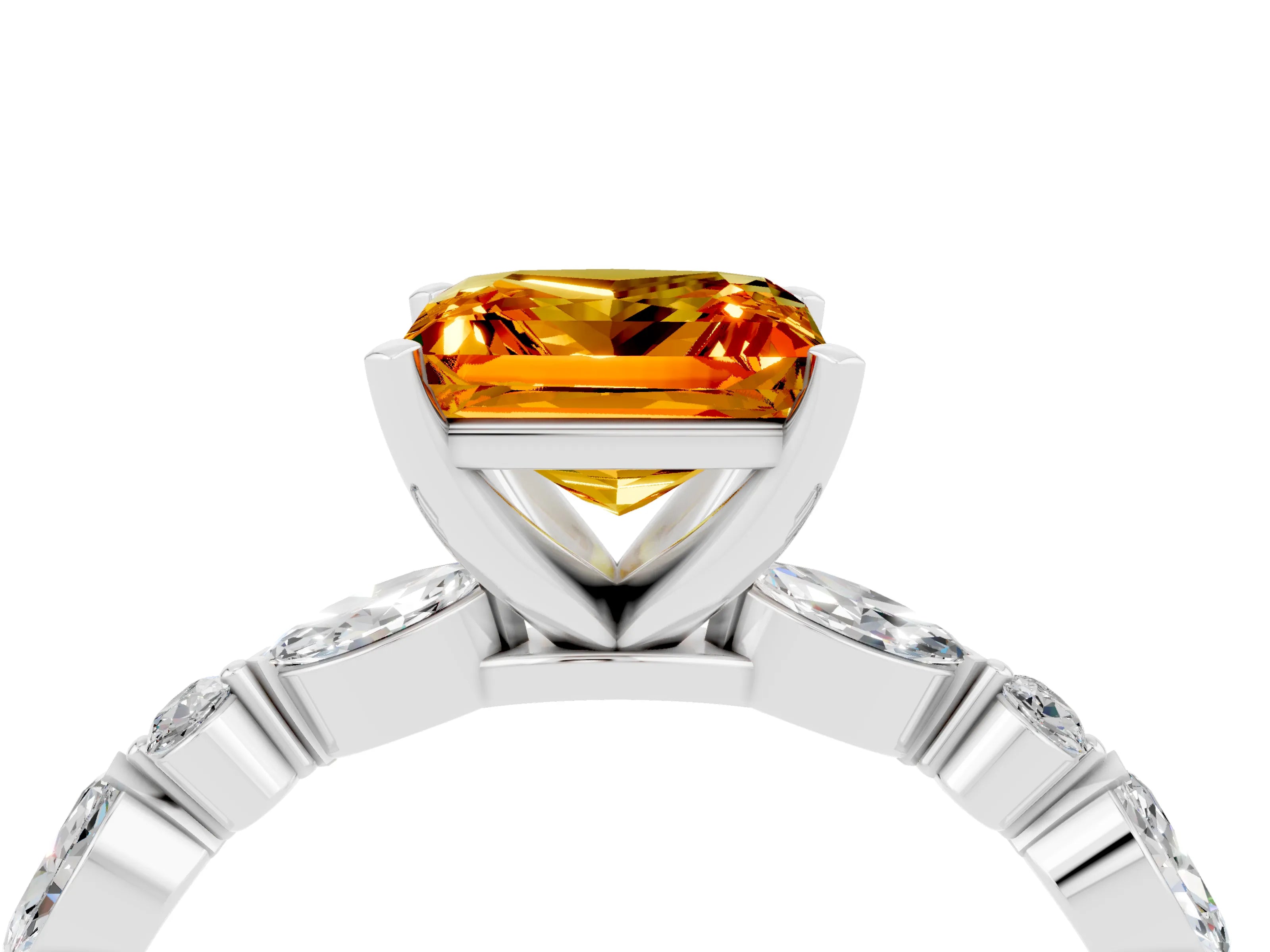 White gold Princess Cut Citrine Solitaire with Side Stones on a Pavé Band and Four-Prong Setting_4