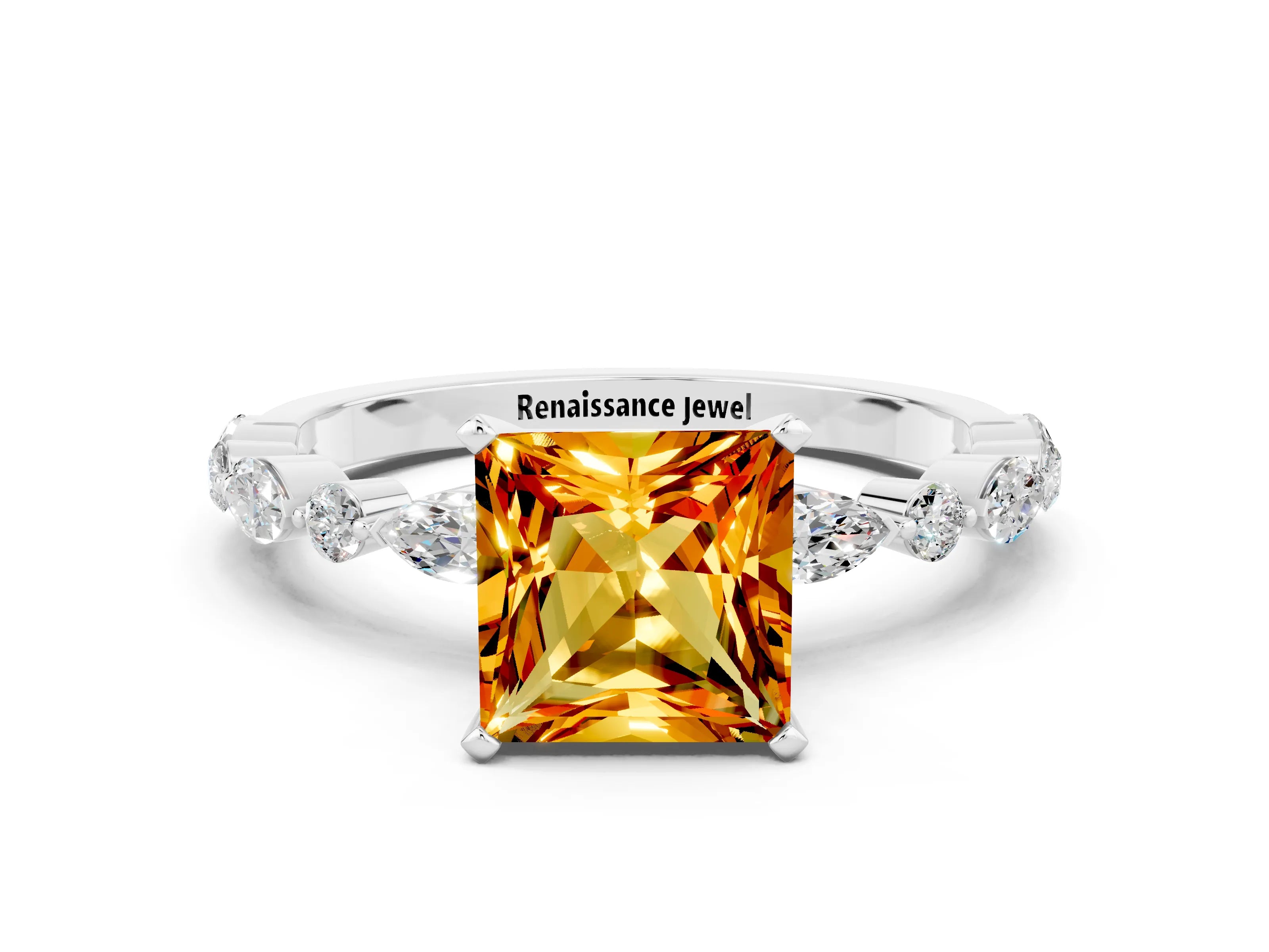 White gold Princess Cut Citrine Solitaire with Side Stones on a Pavé Band and Four-Prong Setting