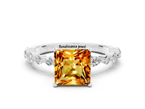 White gold Princess Cut Citrine Solitaire with Side Stones on a Pavé Band and Four-Prong Setting