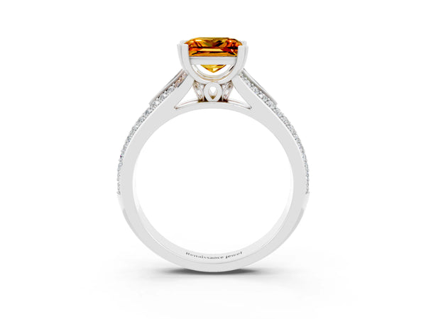 White gold Princess Cut Citrine Split Shank Engagement Ring with Pavé Band
