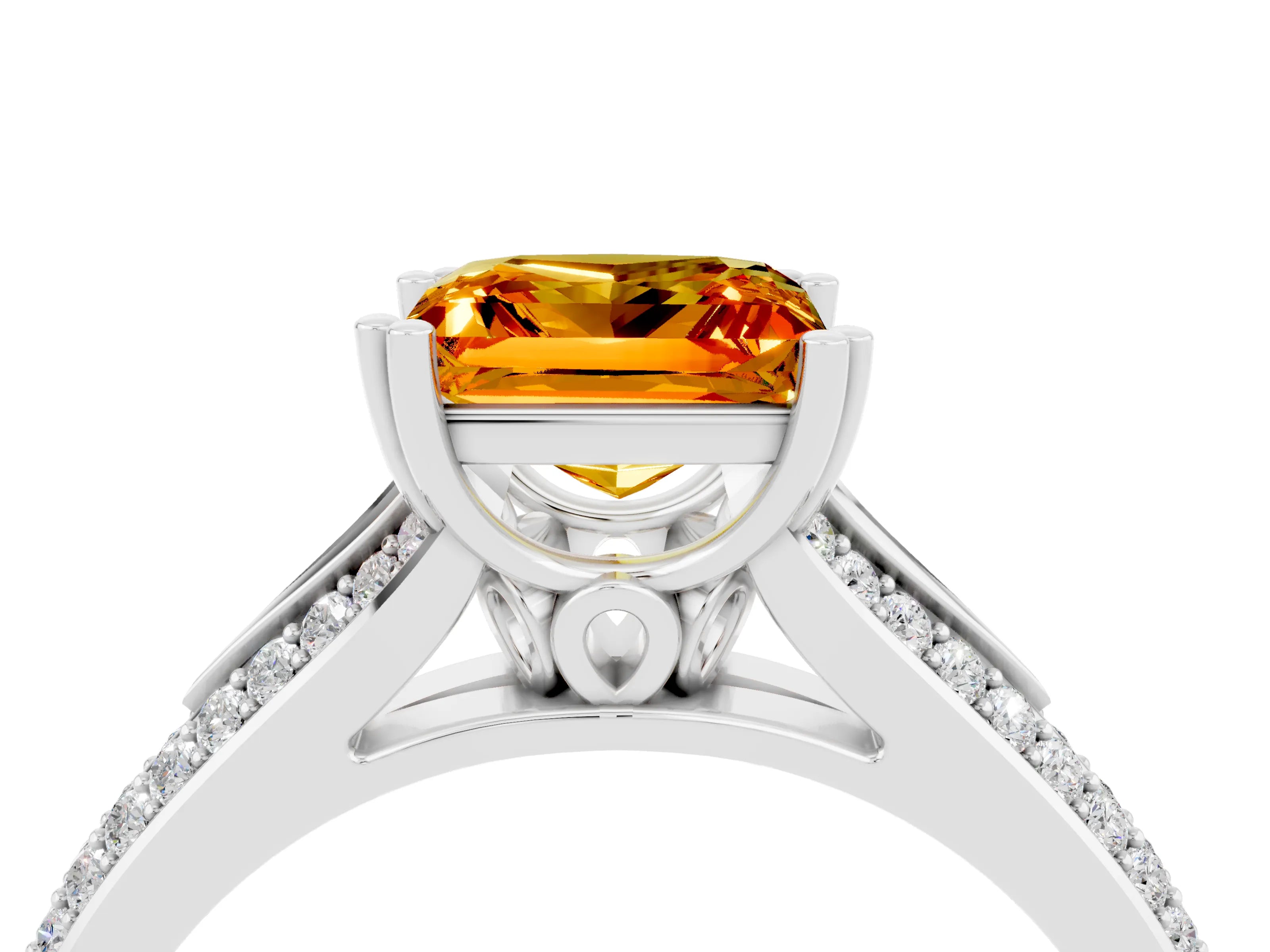 White gold Princess Cut Citrine Split Shank Engagement Ring with Pavé Band_4