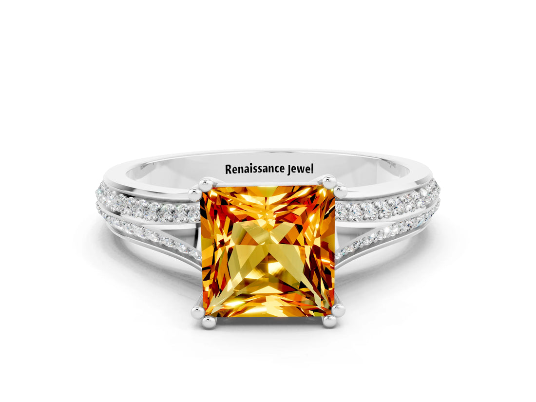White gold Princess Cut Citrine Split Shank Engagement Ring with Pavé Band