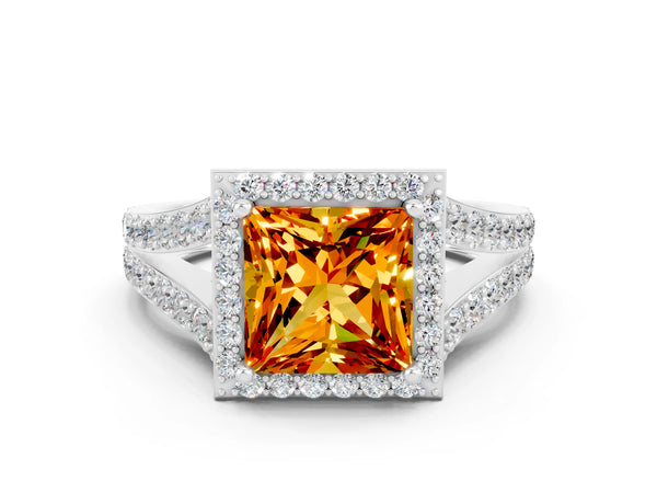Platinum Princess Cut Citrine Split Shank Halo Ring with Four-Prong Setting