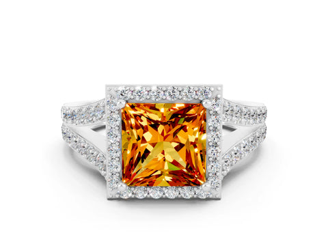 White gold Princess Cut Citrine Split Shank Halo Ring with Four-Prong Setting_12