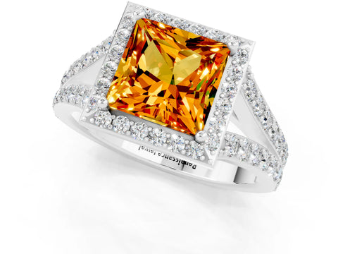 White gold Princess Cut Citrine Split Shank Halo Ring with Four-Prong Setting_13