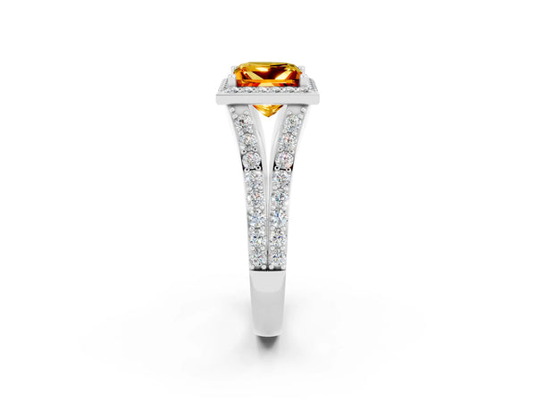 Platinum Princess Cut Citrine Split Shank Halo Ring with Four-Prong Setting