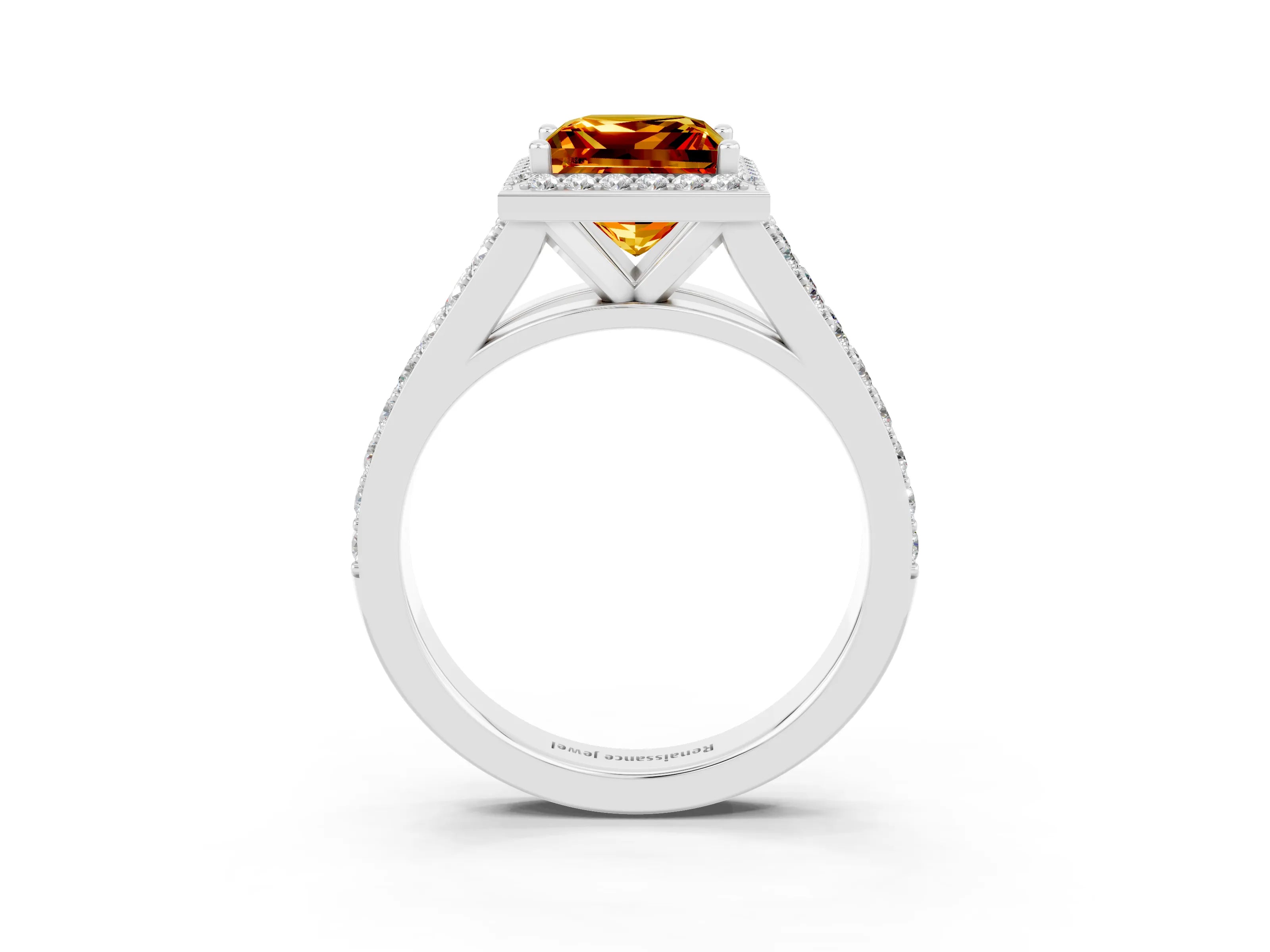 White gold Princess Cut Citrine Split Shank Halo Ring with Four-Prong Setting_15