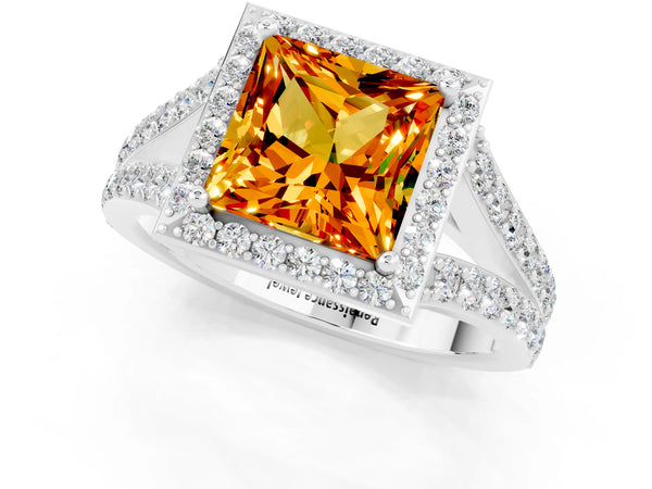 White gold Princess Cut Citrine Split Shank Halo Ring with Four-Prong Setting