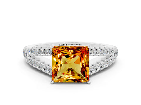 White gold Princess Cut Citrine Split Shank Pavé Engagement Ring with Four-Prong Setting_12