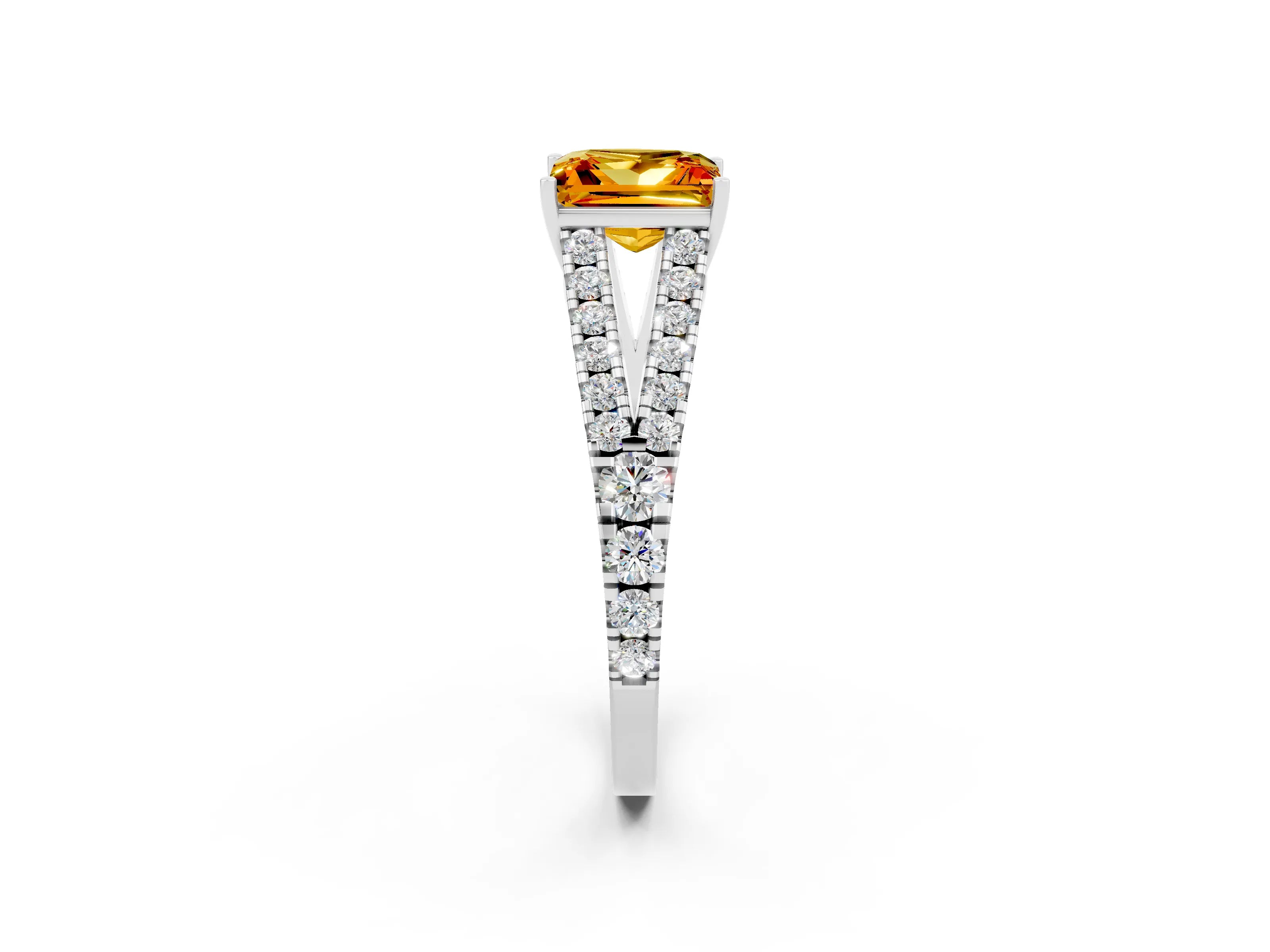 White gold Princess Cut Citrine Split Shank Pavé Engagement Ring with Four-Prong Setting_14