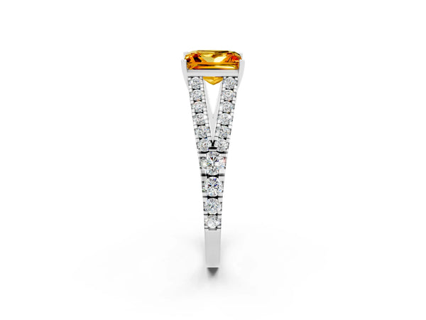White gold Princess Cut Citrine Split Shank Pavé Engagement Ring with Four-Prong Setting