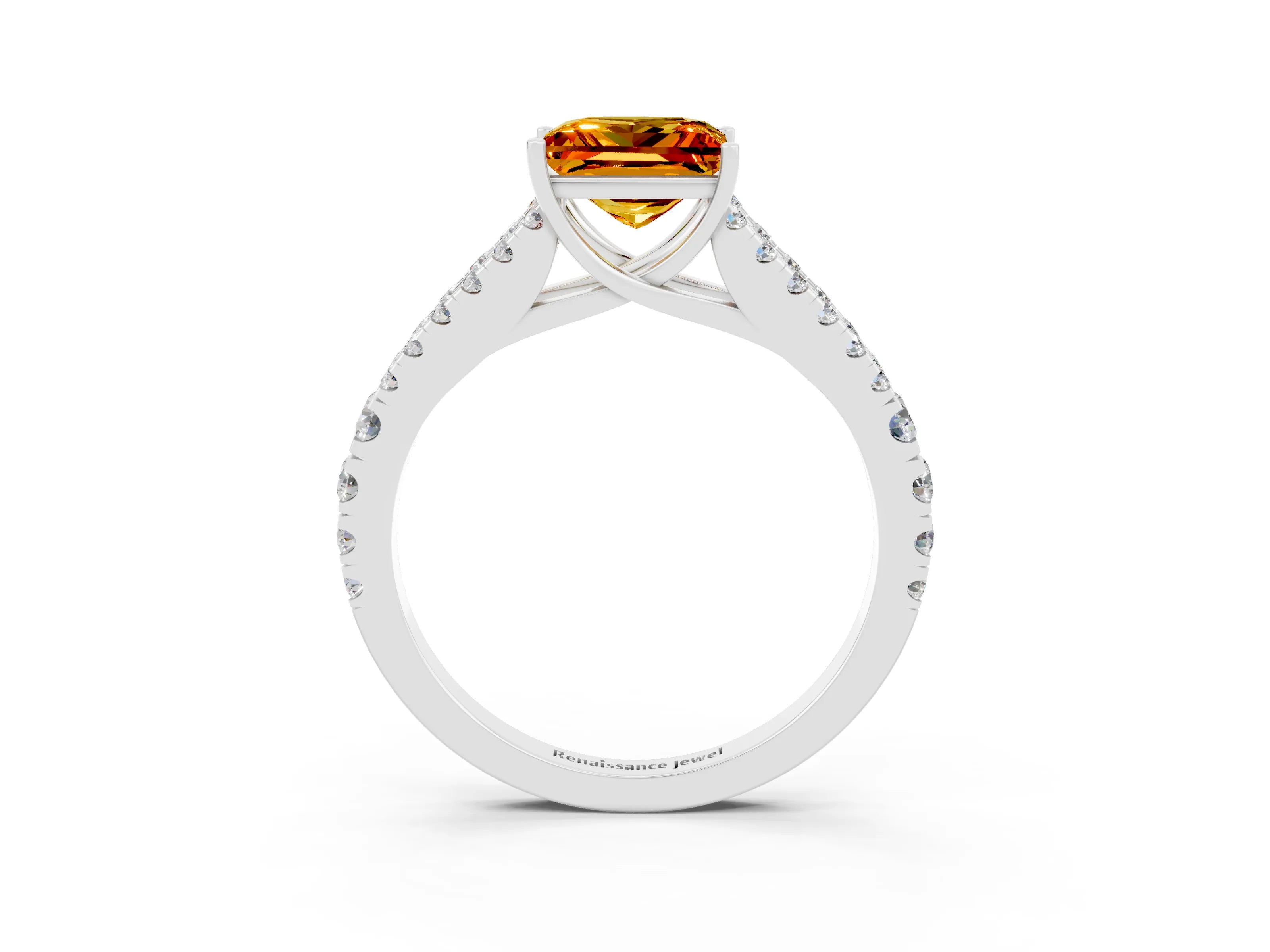White gold Princess Cut Citrine Split Shank Pavé Engagement Ring with Four-Prong Setting_15