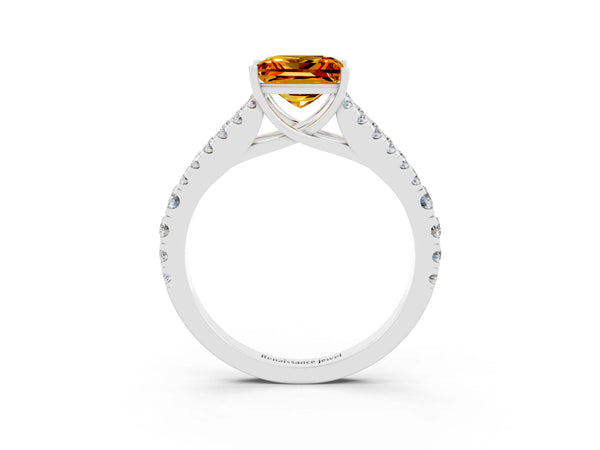 White gold Princess Cut Citrine Split Shank Pavé Engagement Ring with Four-Prong Setting