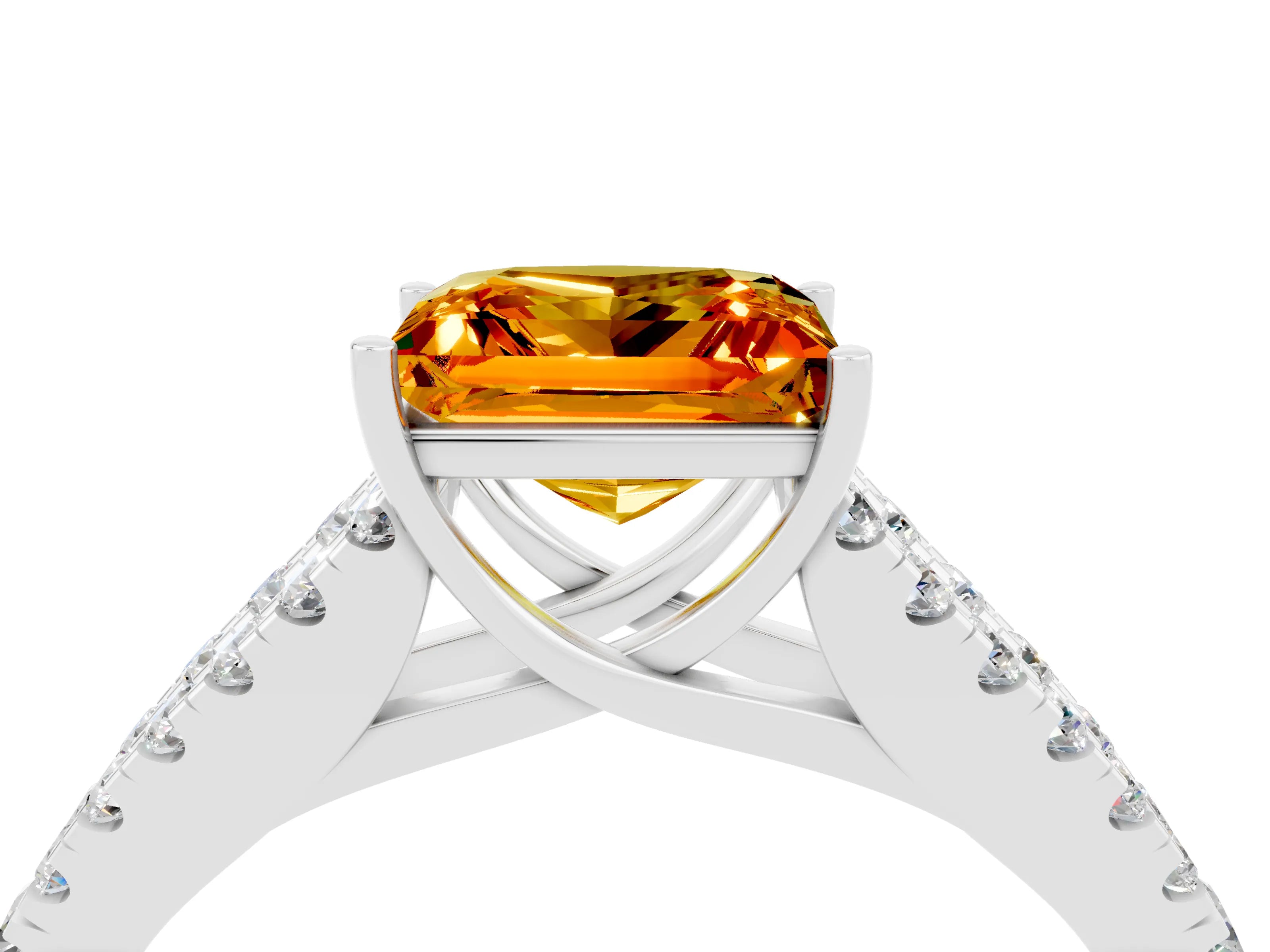 White gold Princess Cut Citrine Split Shank Pavé Engagement Ring with Four-Prong Setting_16