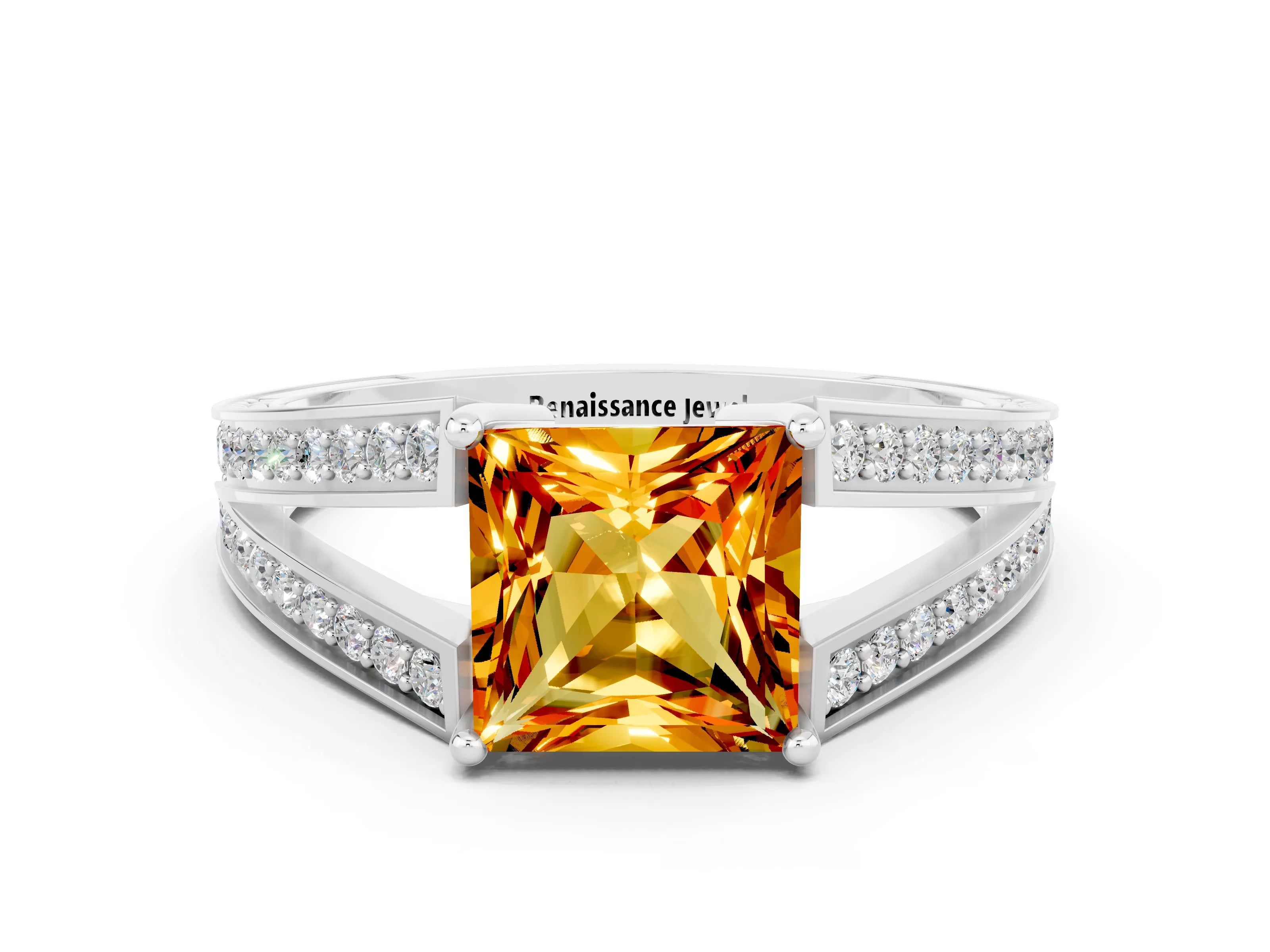 White gold Princess Cut Citrine Split Shank Ring with Pavé Band and Four-Prong Setting