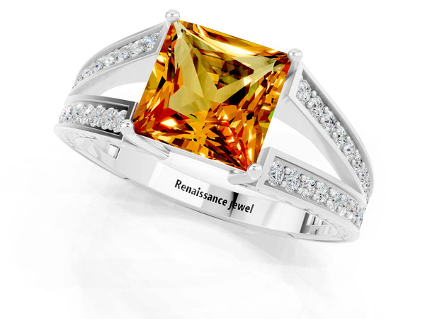 Silver Princess Cut Citrine Split Shank Ring with Pavé Band and Four-Prong Setting