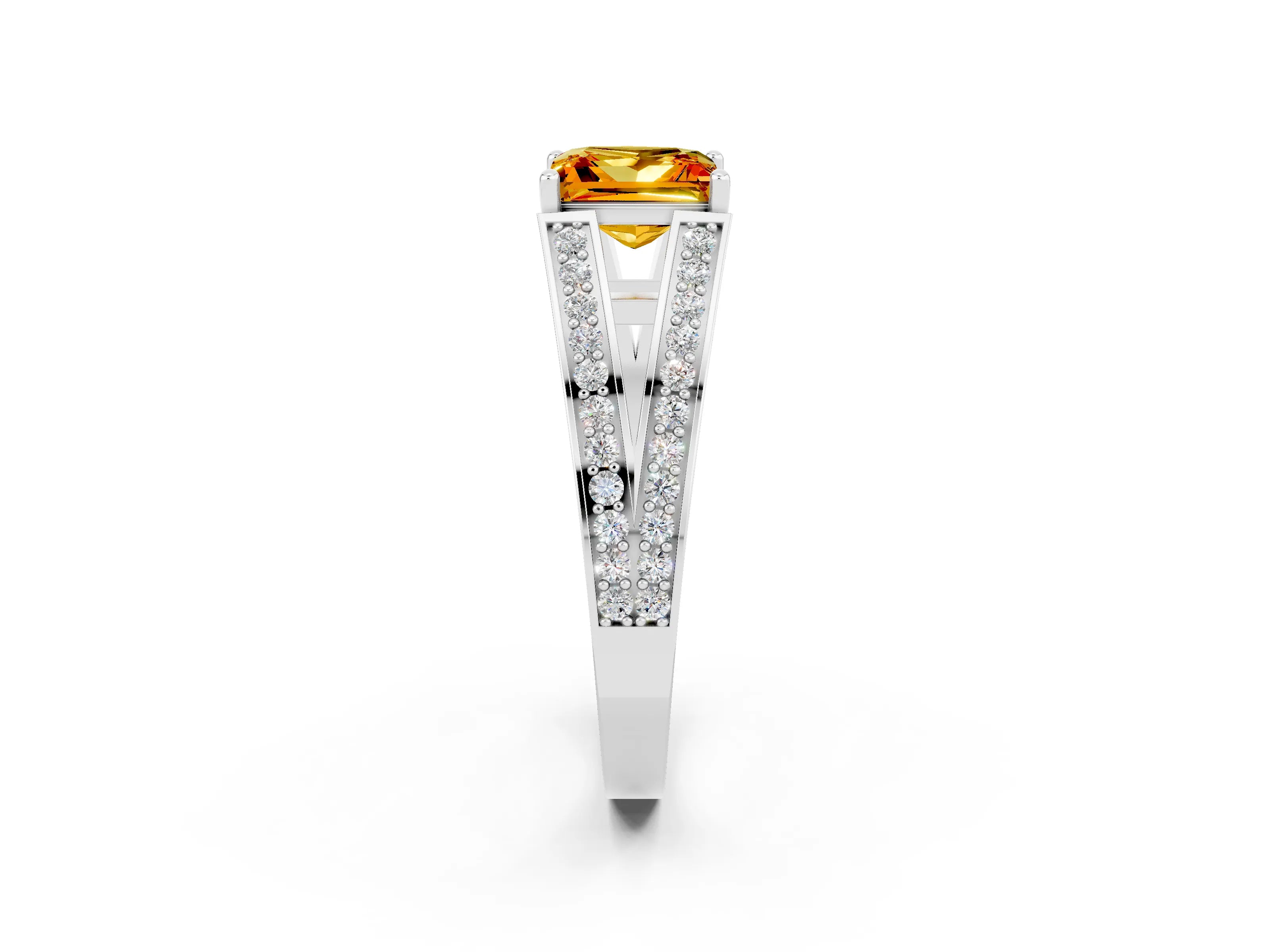 White gold Princess Cut Citrine Split Shank Ring with Pavé Band and Four-Prong Setting_2
