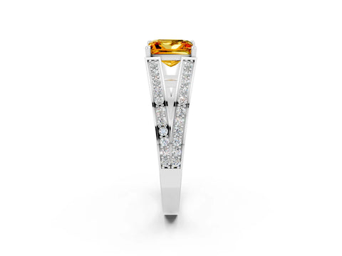 White gold Princess Cut Citrine Split Shank Ring with Pavé Band and Four-Prong Setting_2