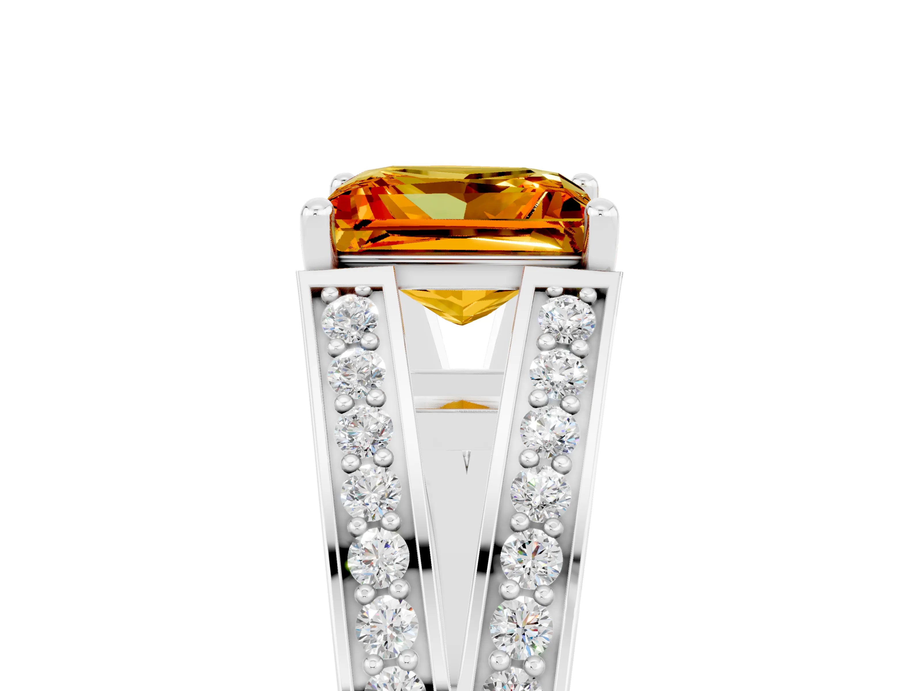 White gold Princess Cut Citrine Split Shank Ring with Pavé Band and Four-Prong Setting_5