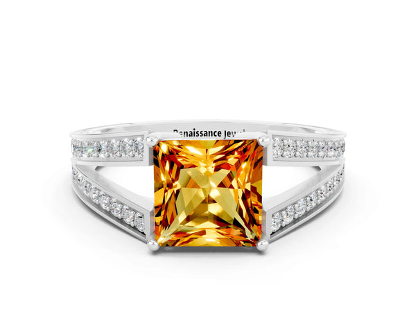 White gold Princess Cut Citrine Split Shank Ring with Pavé Band and Four-Prong Setting