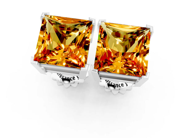 White gold Princess Cut Citrine Stud Earrings