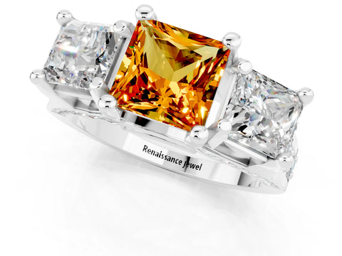 White gold Princess Cut Citrine Three-Stone Ring with Channel Set Band and Four-Prong Setting_1