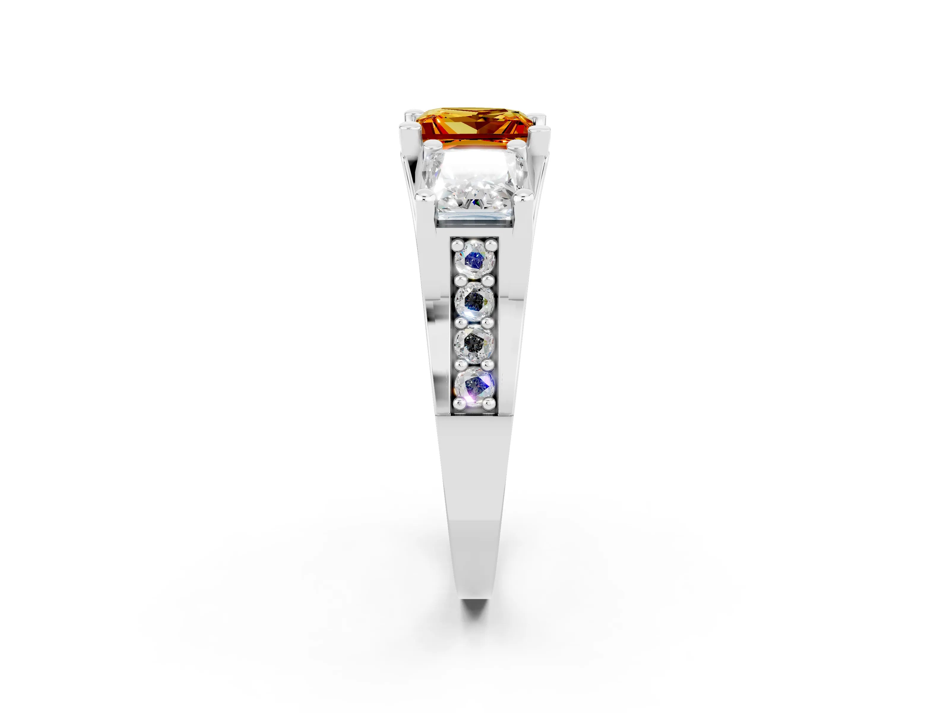White gold Princess Cut Citrine Three-Stone Ring with Channel Set Band and Four-Prong Setting_2