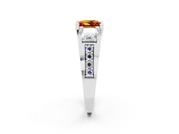 Silver Princess Cut Citrine Three-Stone Ring with Channel Set Band and Four-Prong Setting