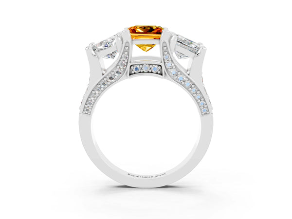 Platinum Princess Cut Citrine Three-Stone Ring with Channel Set Band and Four-Prong Setting