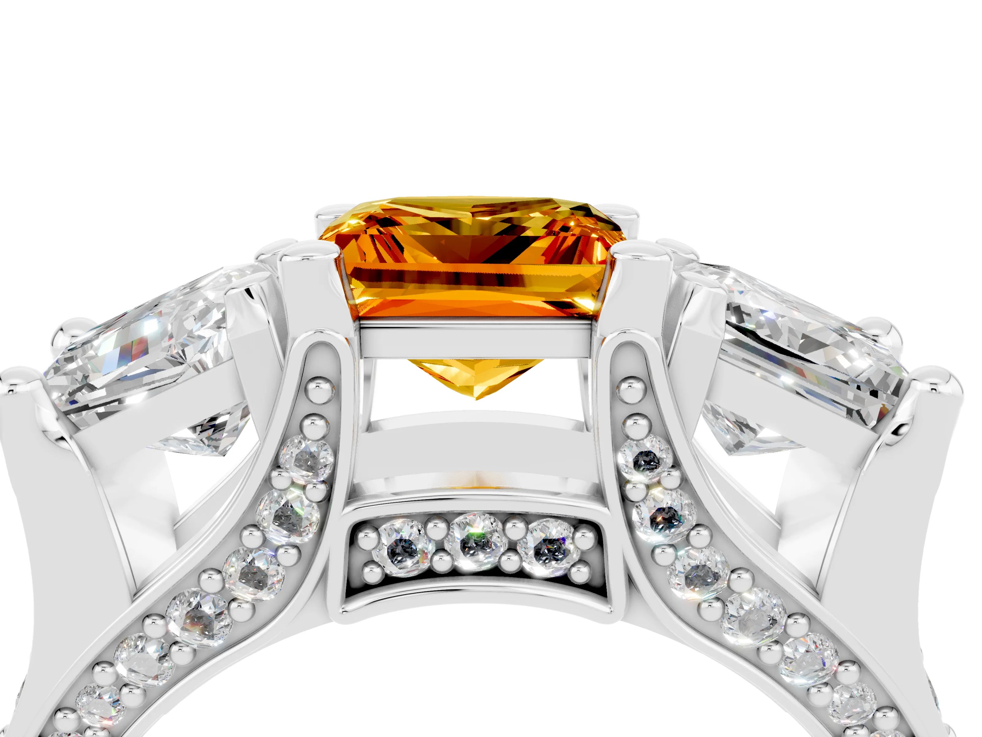 White gold Princess Cut Citrine Three-Stone Ring with Channel Set Band and Four-Prong Setting_4