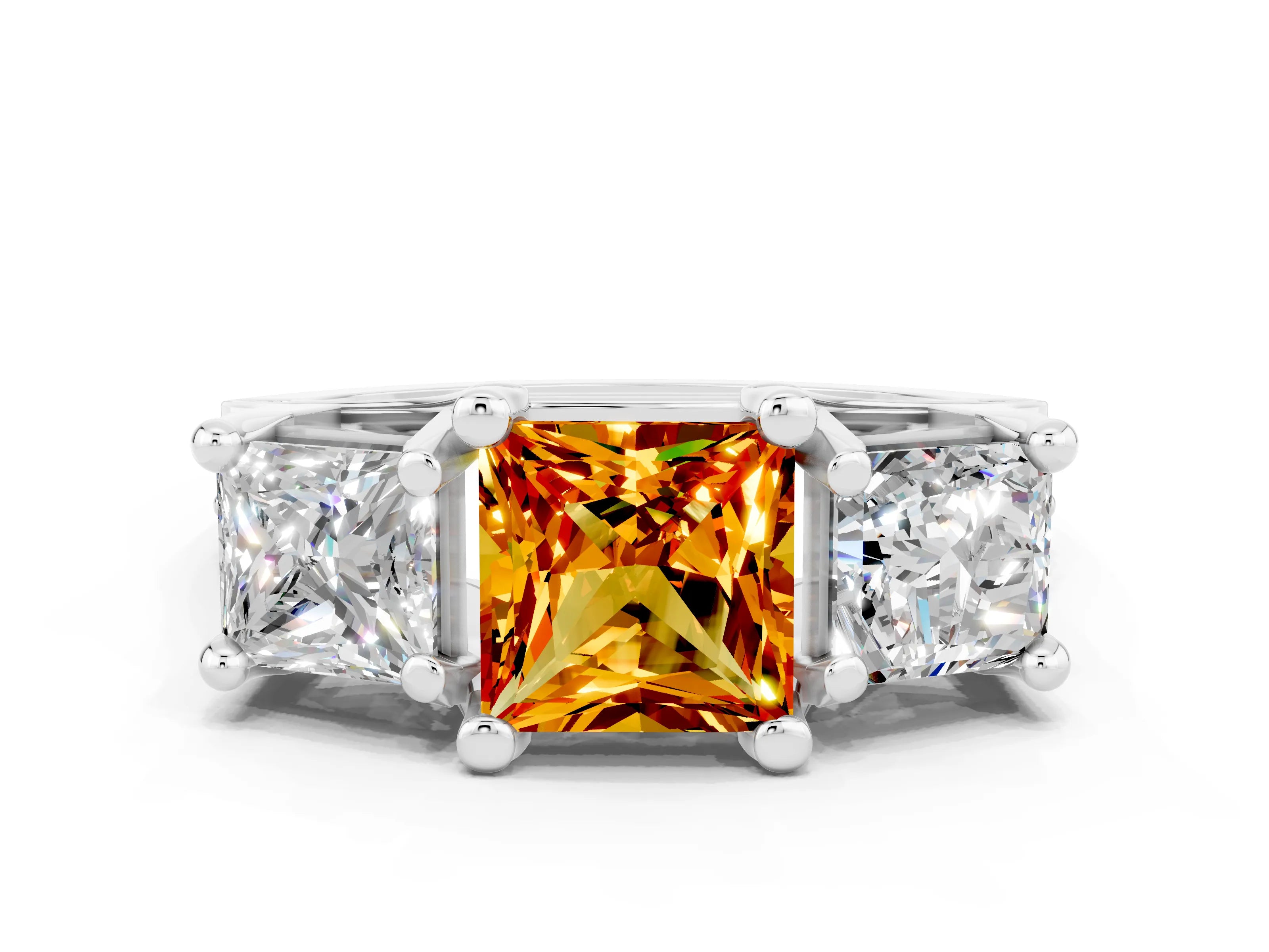 White gold Princess Cut Citrine Three-Stone Ring with Channel Set Band and Four-Prong Setting