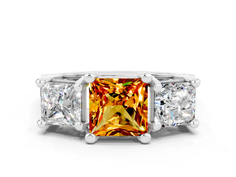 White gold Princess Cut Citrine Three-Stone Ring with Channel Set Band and Four-Prong Setting