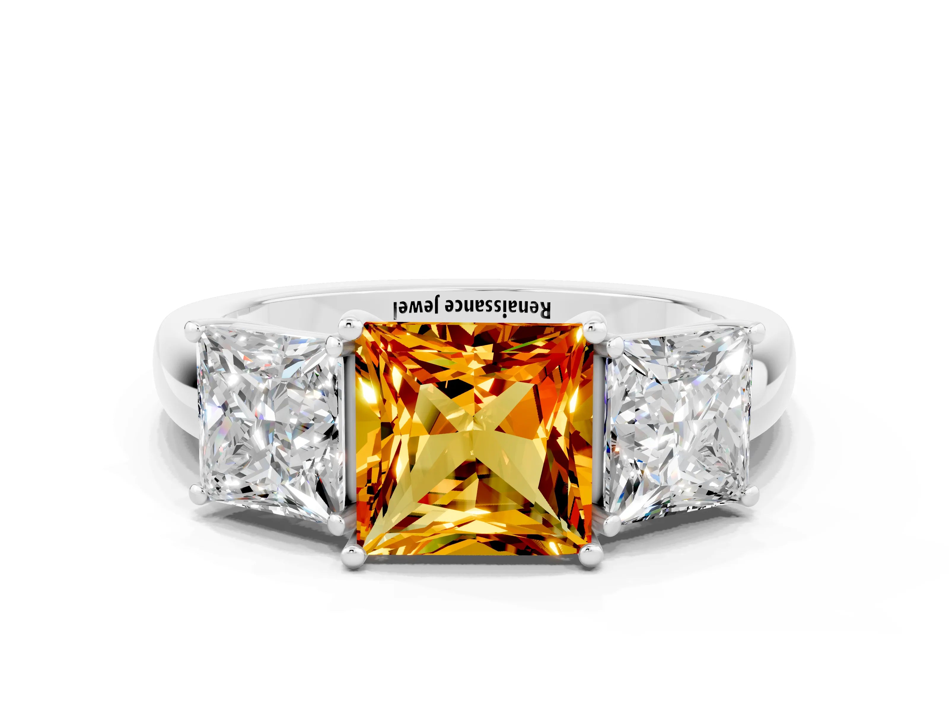White gold Princess Cut Citrine Three-Stone Ring with Four-Prong Setting and Classic Band