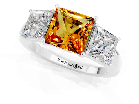 White gold Princess Cut Citrine Three-Stone Ring with Four-Prong Setting and Classic Band_1