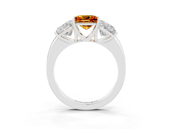 White gold Princess Cut Citrine Three-Stone Ring with Four-Prong Setting and Classic Band