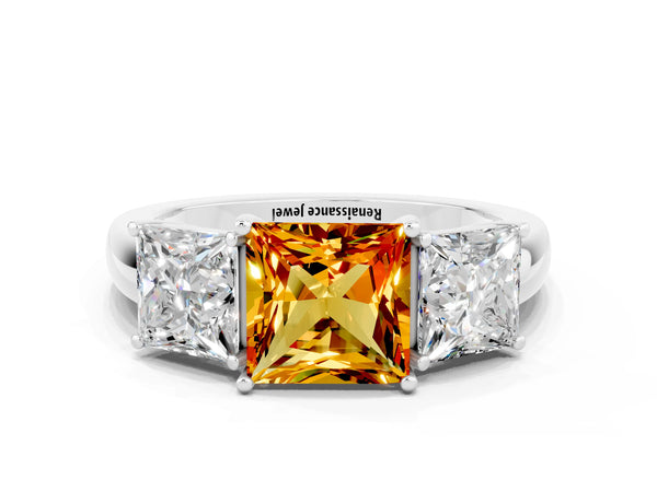 White gold Princess Cut Citrine Three-Stone Ring with Four-Prong Setting and Classic Band