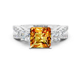 White gold Princess Cut Citrine Three-Stone Ring with Pavé Split Shank and Four-Prong Setting