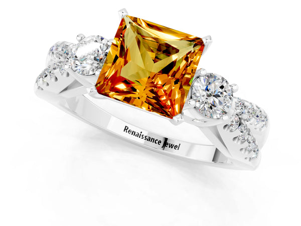 Platinum Princess Cut Citrine Three-Stone Ring with Pavé Split Shank and Four-Prong Setting