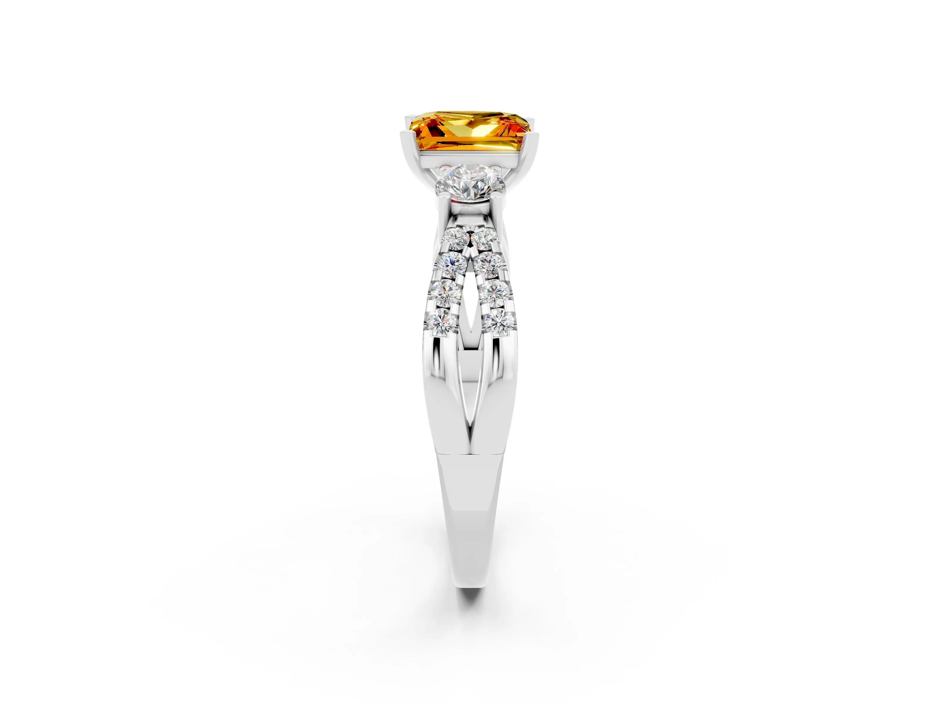 White gold Princess Cut Citrine Three-Stone Ring with Pavé Split Shank and Four-Prong Setting_2
