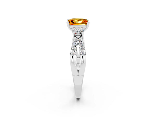 Silver Princess Cut Citrine Three-Stone Ring with Pavé Split Shank and Four-Prong Setting