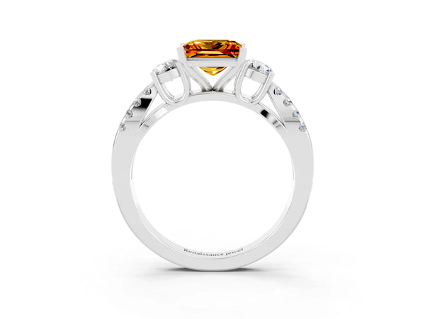 White gold Princess Cut Citrine Three-Stone Ring with Pavé Split Shank and Four-Prong Setting